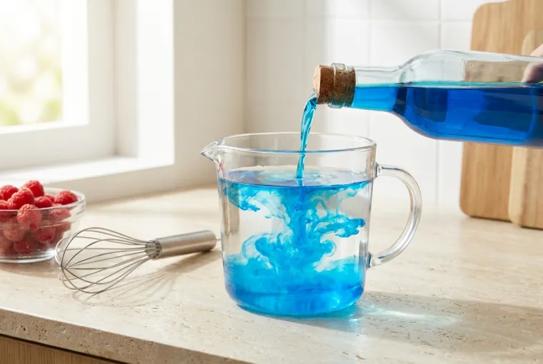 Blauer Slush-Sirup wird in einen Messbecher mit kaltem Wasser gegossen