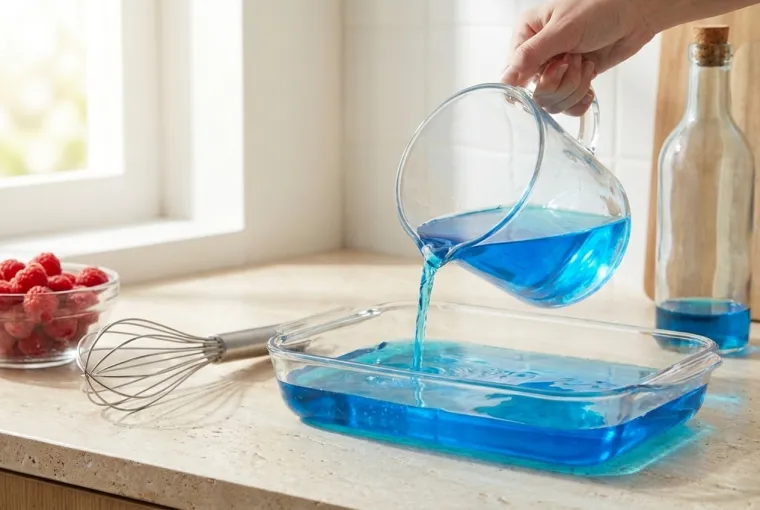 Die blaue Slush-Mischung wird aus dem Messbecher in eine flache Glasform gegossen