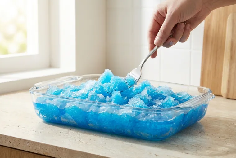 Halbgefrorene blaue Slush-Masse wird mit einer Gabel zu feinen Eiskristallen aufgebrochen