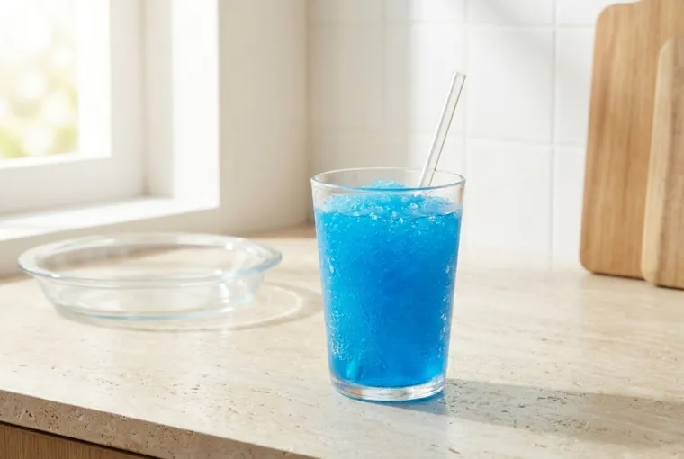 Fertiges blaues Slush-Eis in einem Glas mit Trinkhalm