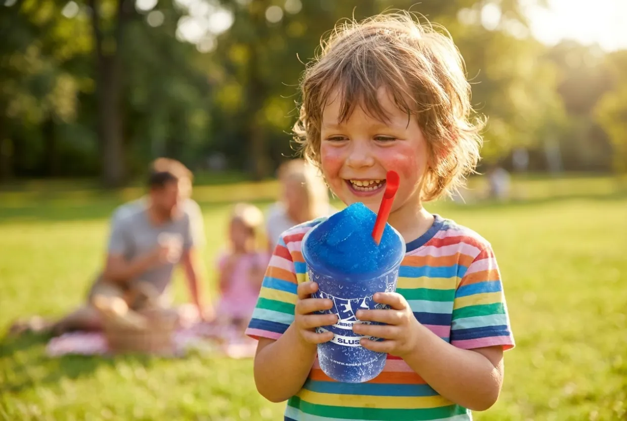 Lächelndes Kind mit einem bunten, azofreien SNEKY-Slush