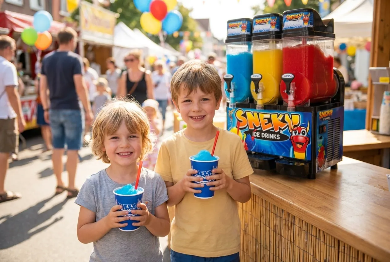 SNEKY-Slush-Stand auf einem Stadtfest mit zwei Kindern