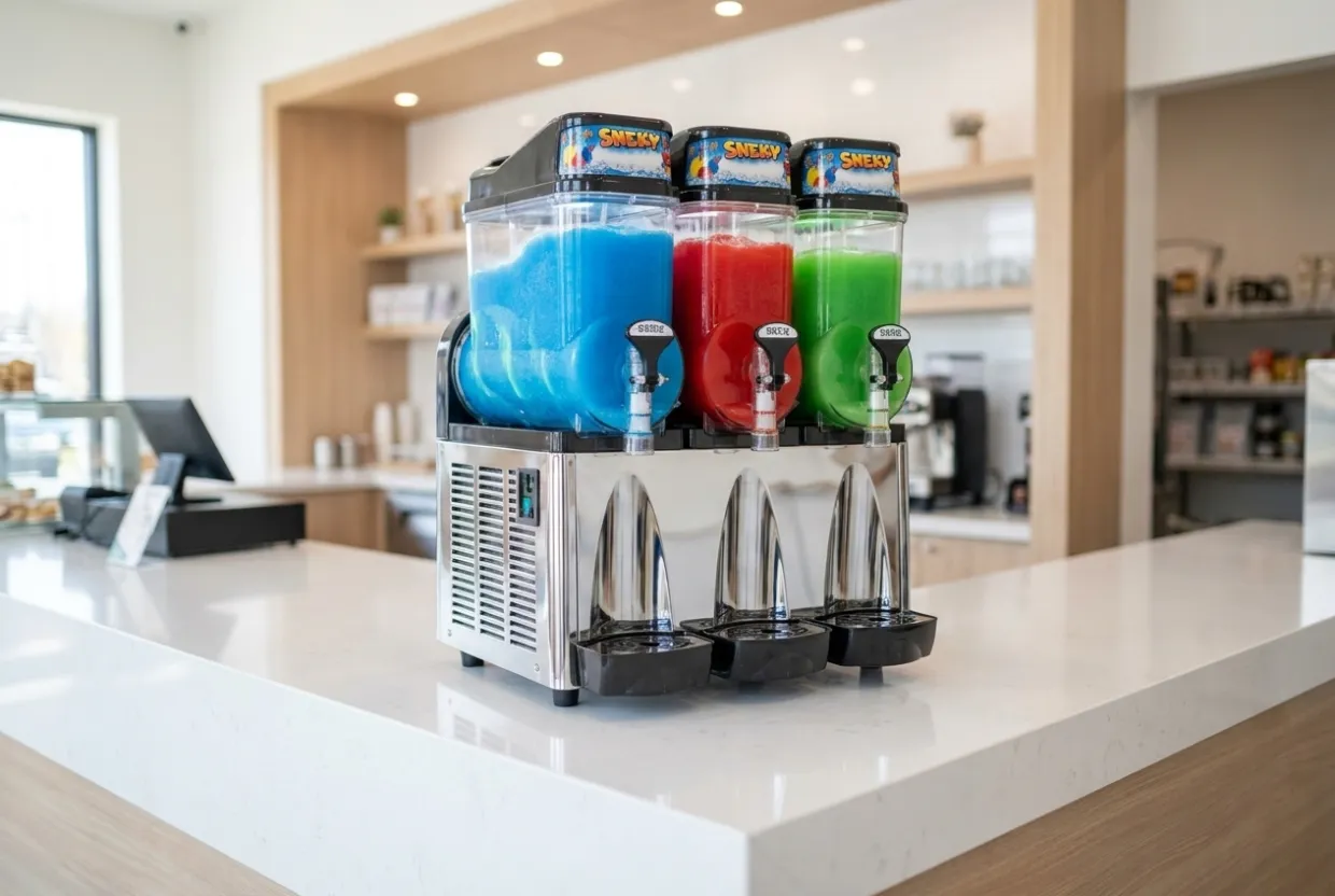 Neue, geprüfte SNEKY-Slush-Maschine auf einem Verkaufstresen