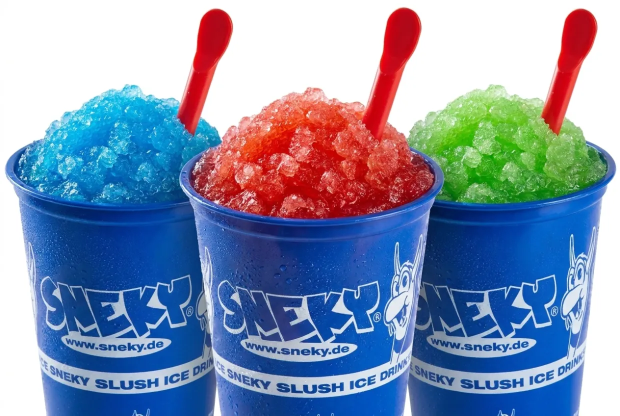 Drei bunte SNEKY-Slush-Becher nebeneinander mit sichtbarer Eis-Textur