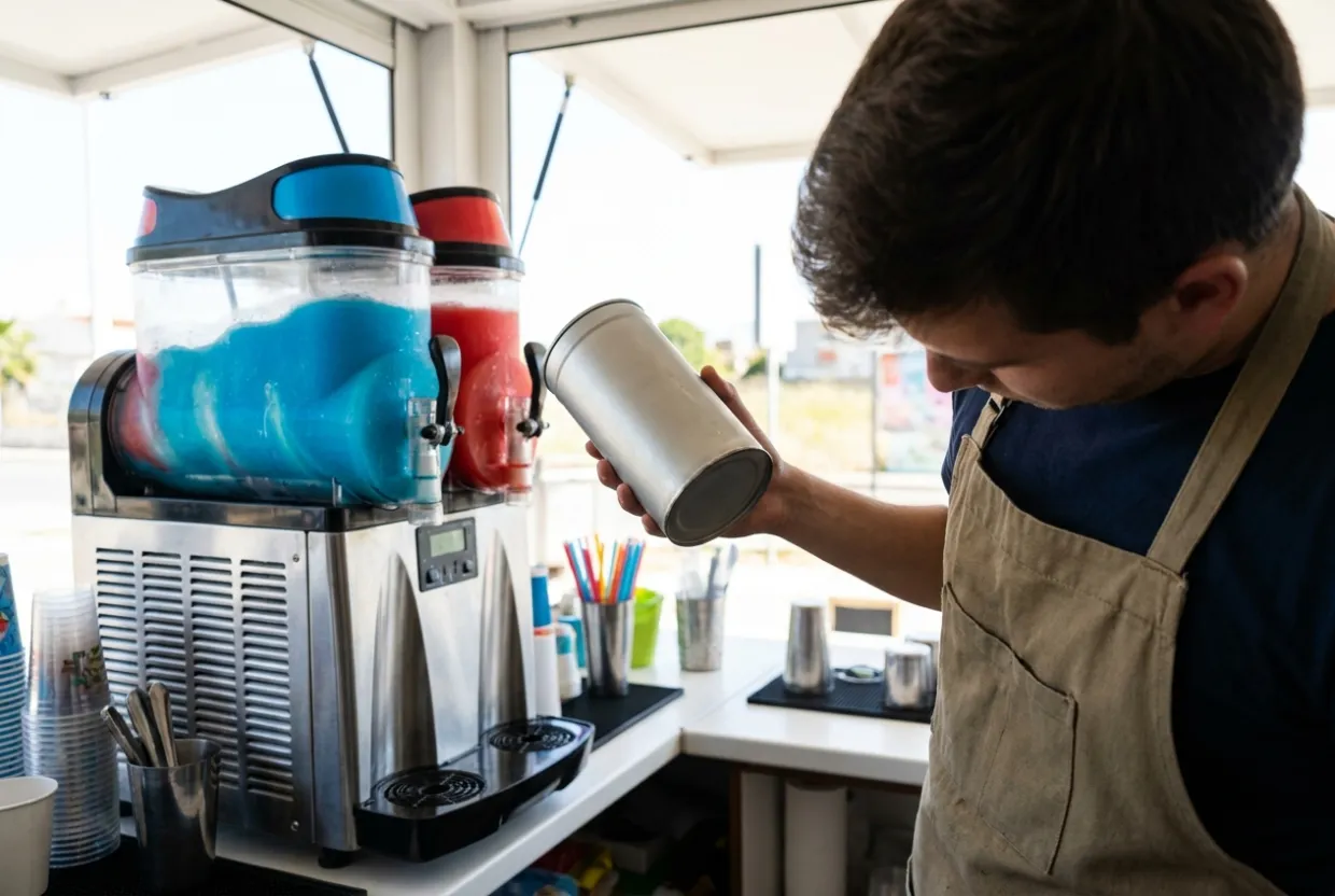 Betreiber prüft am Verkaufstresen die Angaben auf einem Sirup-Kanister neben der Slush-Maschine