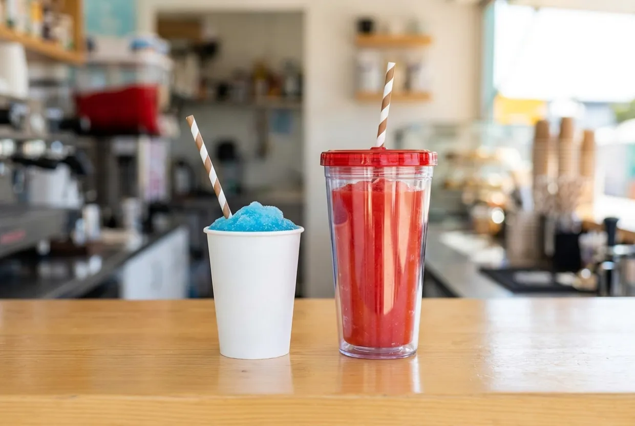 Einweg-Papierbecher und wiederverwendbarer Mehrwegbecher mit Slush nebeneinander auf einer Verkaufstheke
