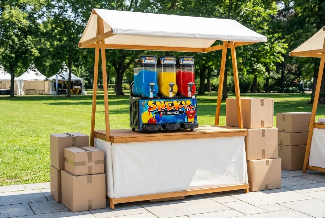 Frisch gelieferte, startklare SNEKY-Slush-Maschine an einem Eventstand