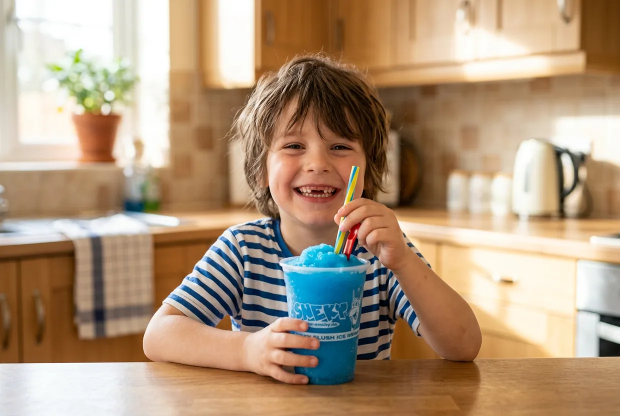 Kind mit selbstgemachtem SNEKY-Slush zu Hause