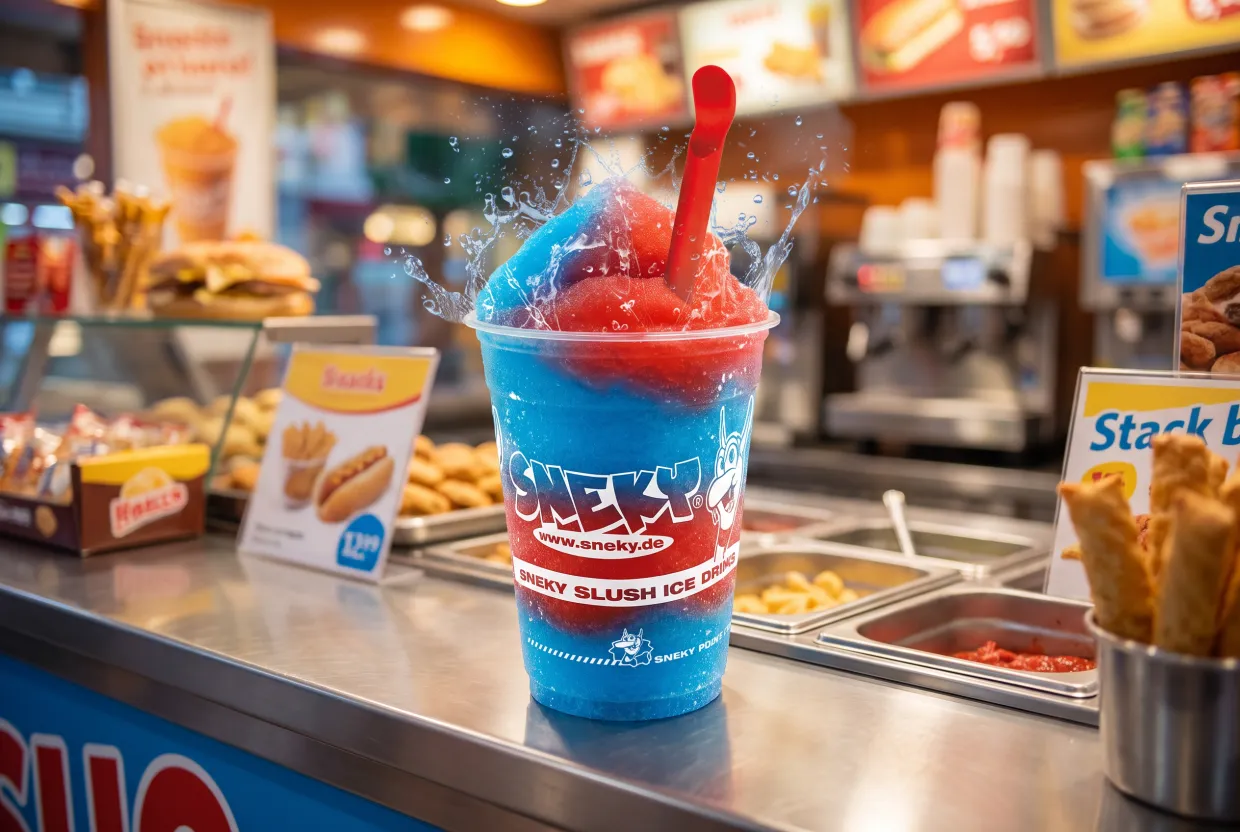 Bunter SNEKY-Slush im Becher an der Verkaufstheke