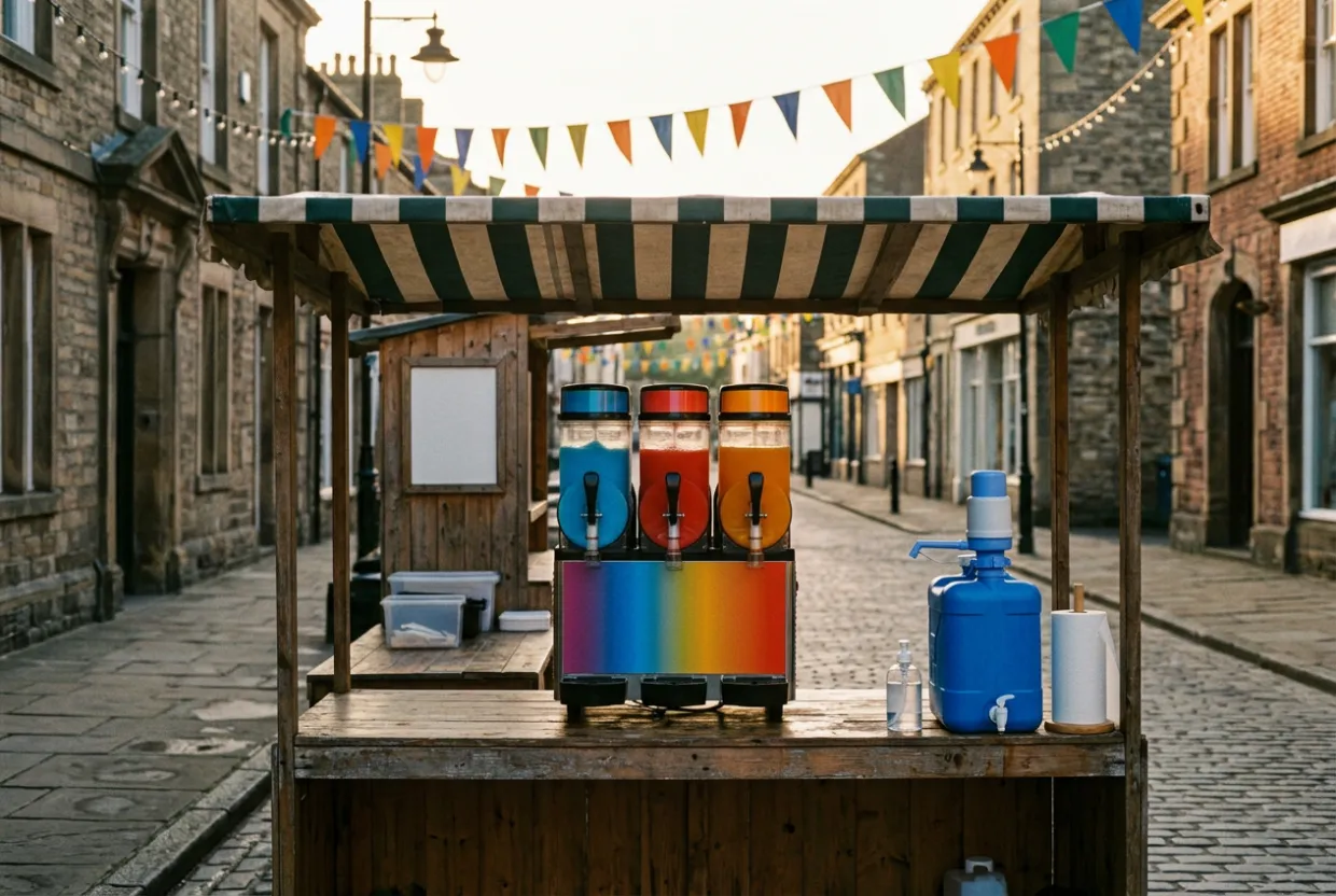 Marktstand mit Slush-Maschine und mobiler Handwaschstation im Aufbau vor Festbeginn