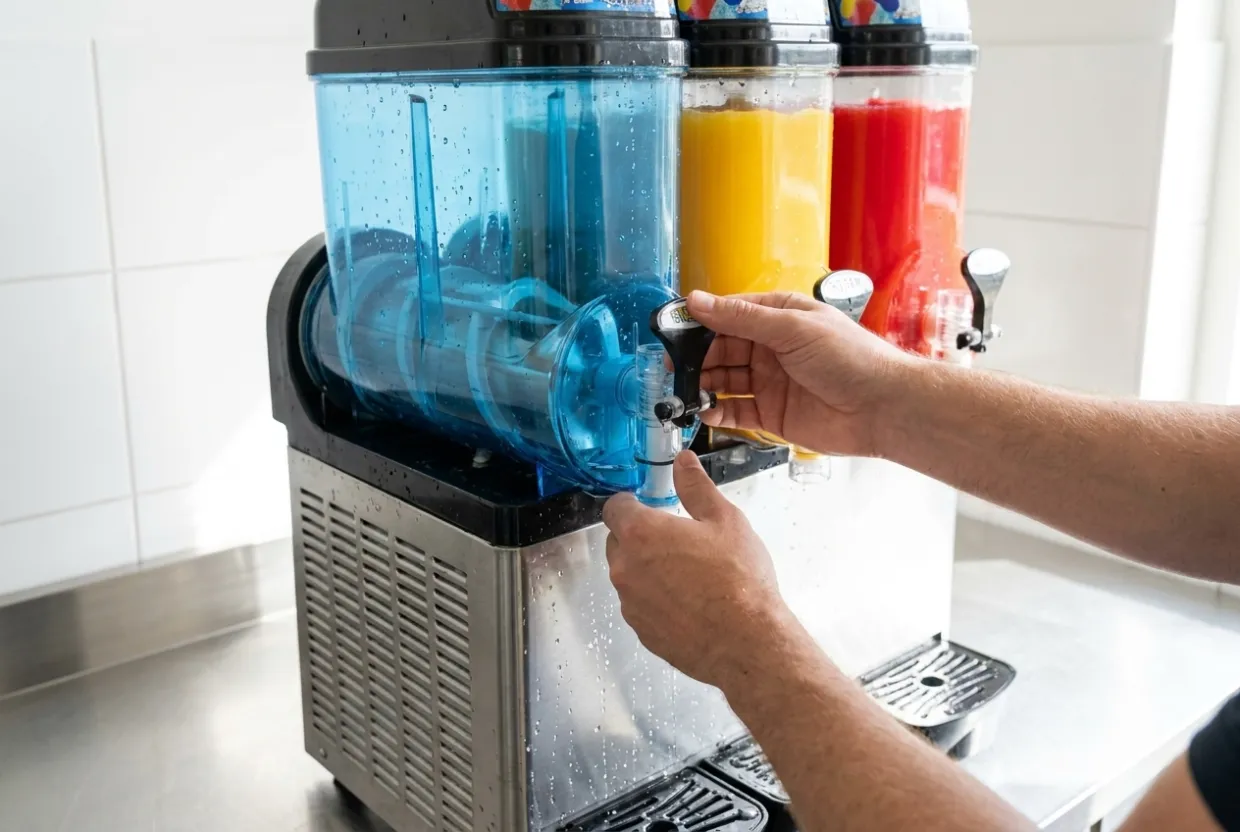 Tank einer SNEKY-Slush-Maschine wird zum Reinigen abgenommen