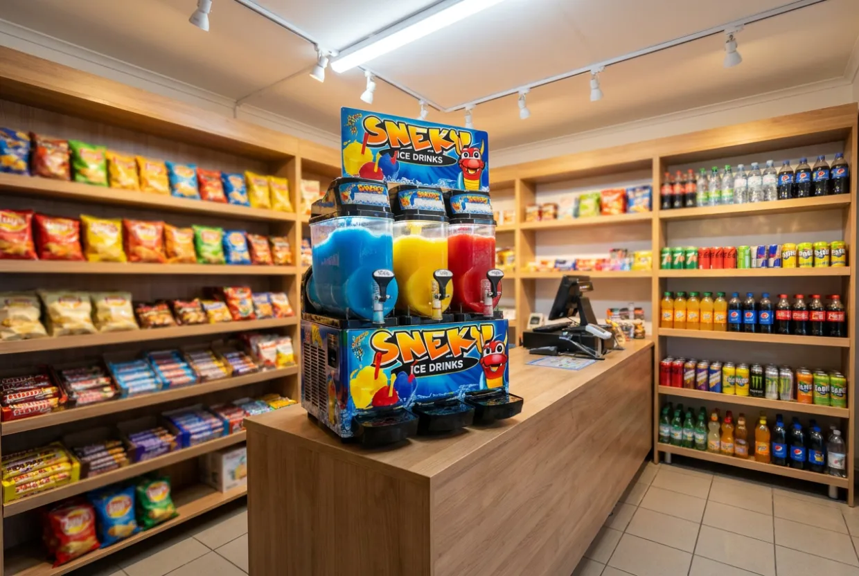 SNEKY-Slush-Maschine an der Theke eines Kiosks bzw. Supermarkts